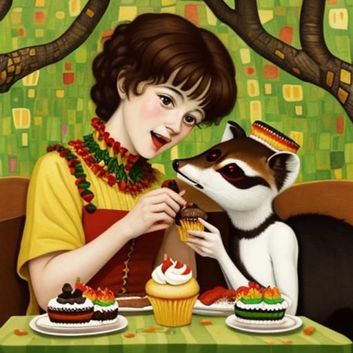 Anteaters Enjoying Cupcakes: Watercolour Art Nouveau Illustr...