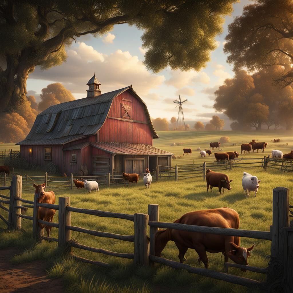 Vibrant Farmland Scene with Animals, Detailed Matte Painting