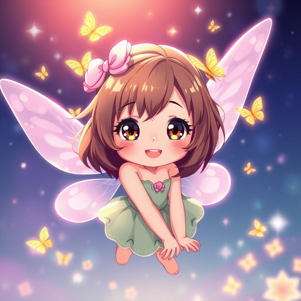 Cute Fairy Girl Flying with Butterflies in Anime Style