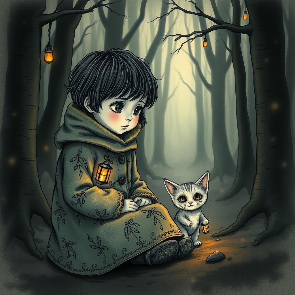 Child and Kitten in Misty Forest Illustration