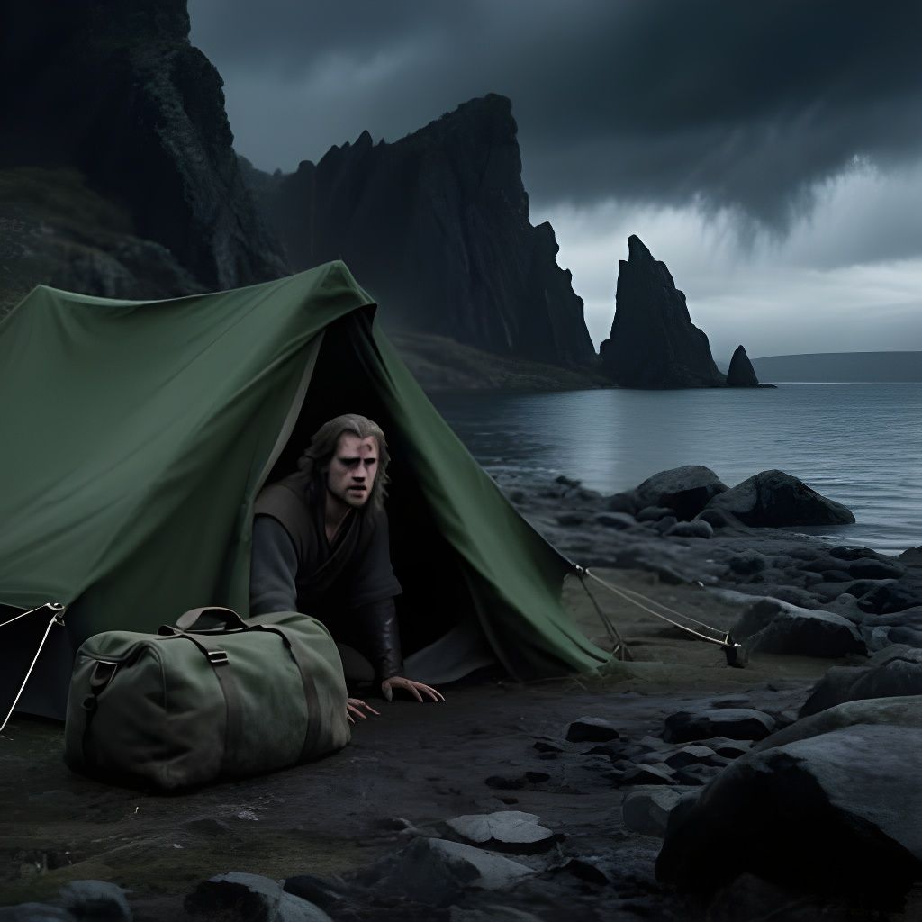 Aragorn Emerges from Tent on Stormy Shore