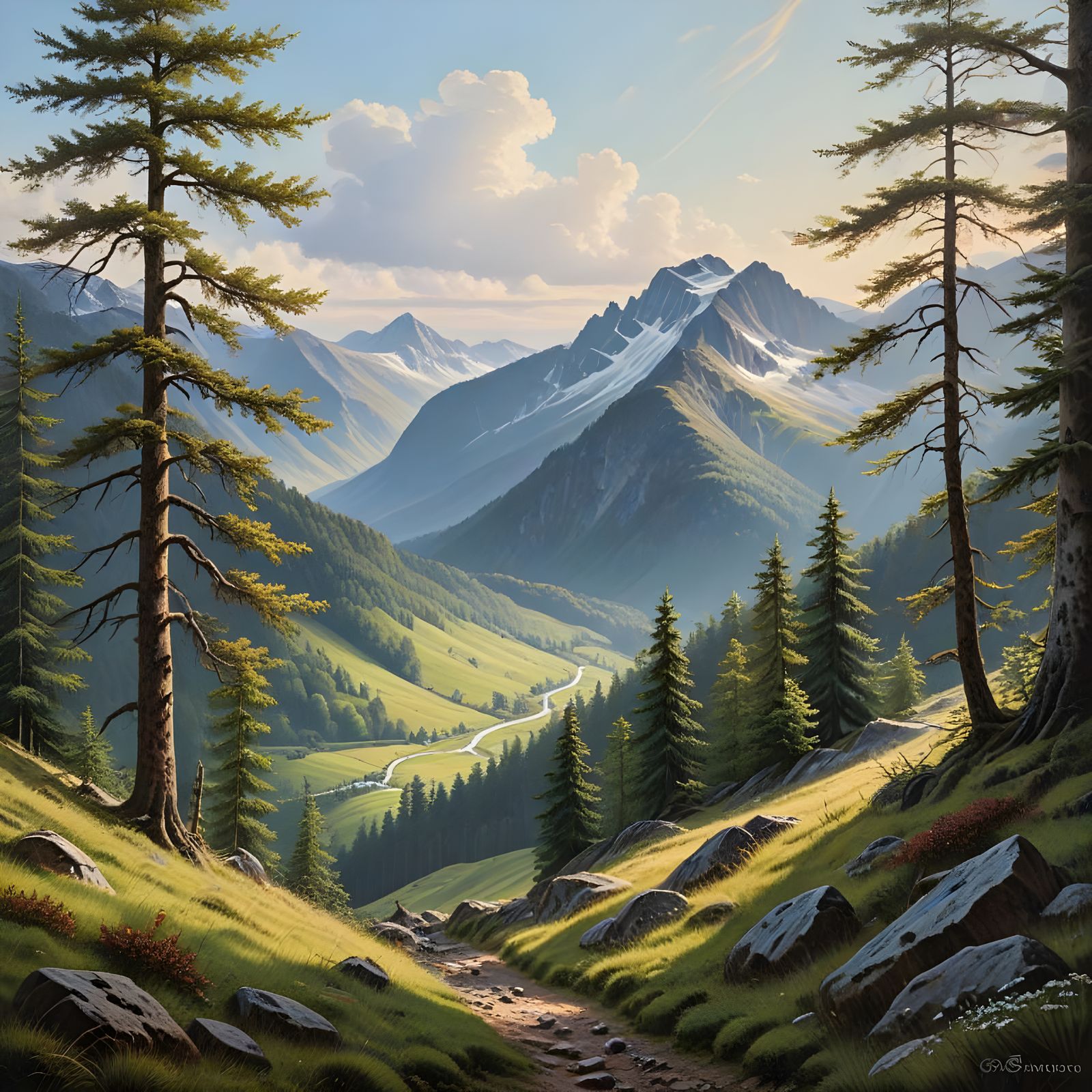 German Mountain Landscape in Oil Painting Style