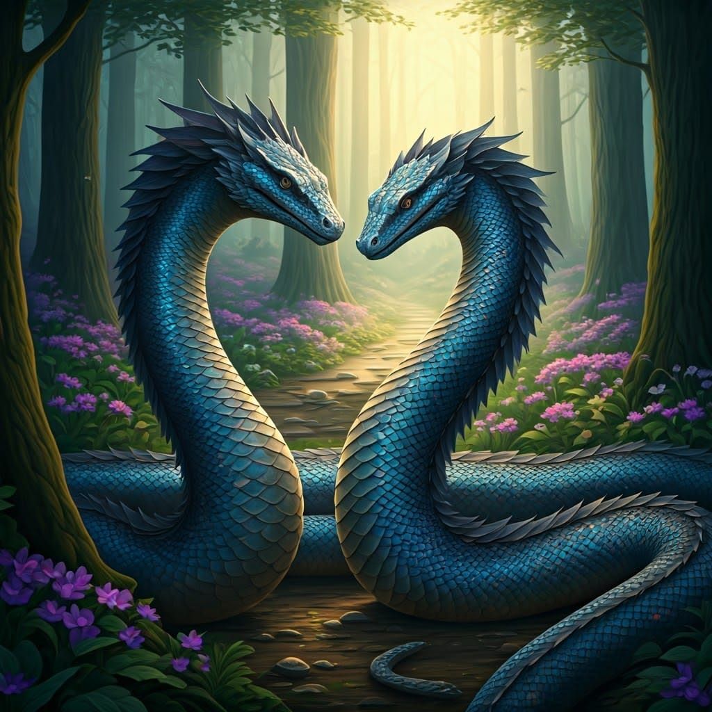 Entwined Serpents in Mystical Forest, Surreal Art