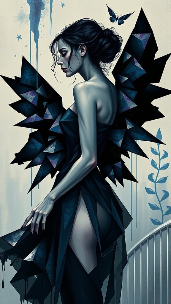 Cubism goth woman geometry wings , black on black shapes , b...