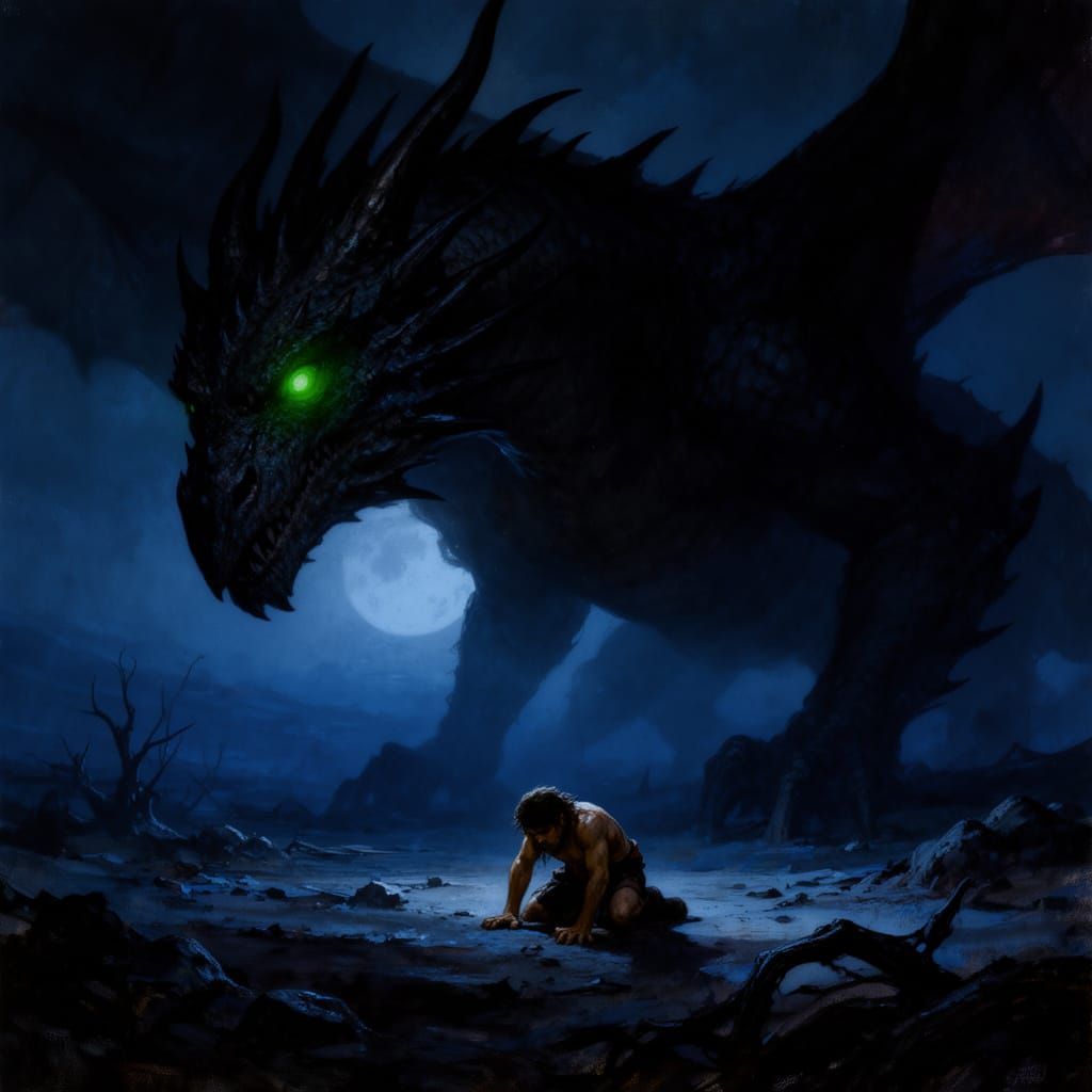 Dragon Shadow Over Human in Desolate Landscape