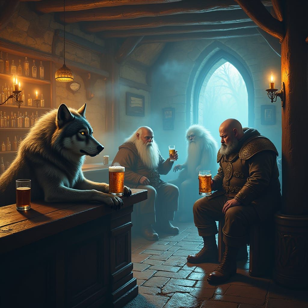 Mystical Pub Scene with Werewolf and Saitama