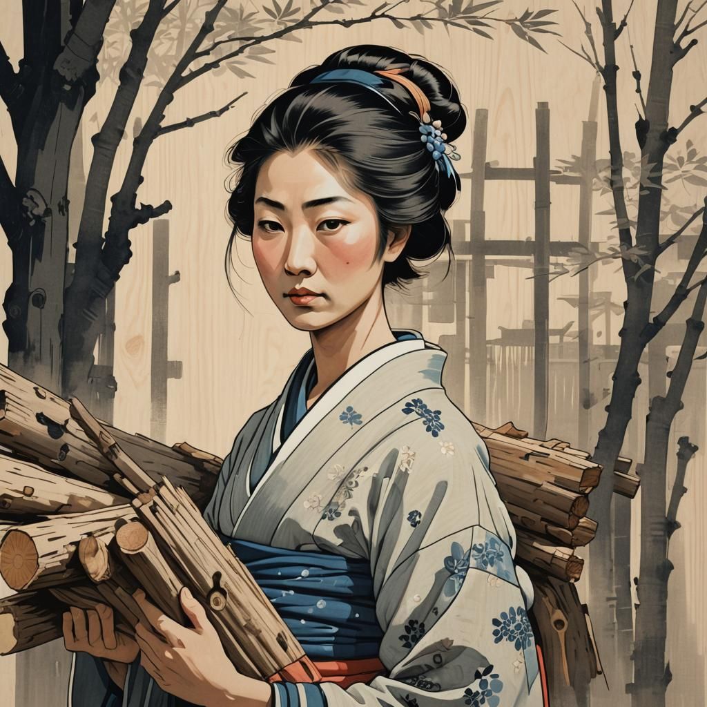 Japanese Woman Carrying Wood: Ukiyo-e Print