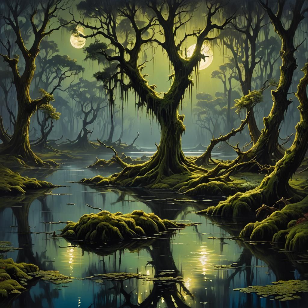 Moonlit Swamp: A Surreal Digital Painting