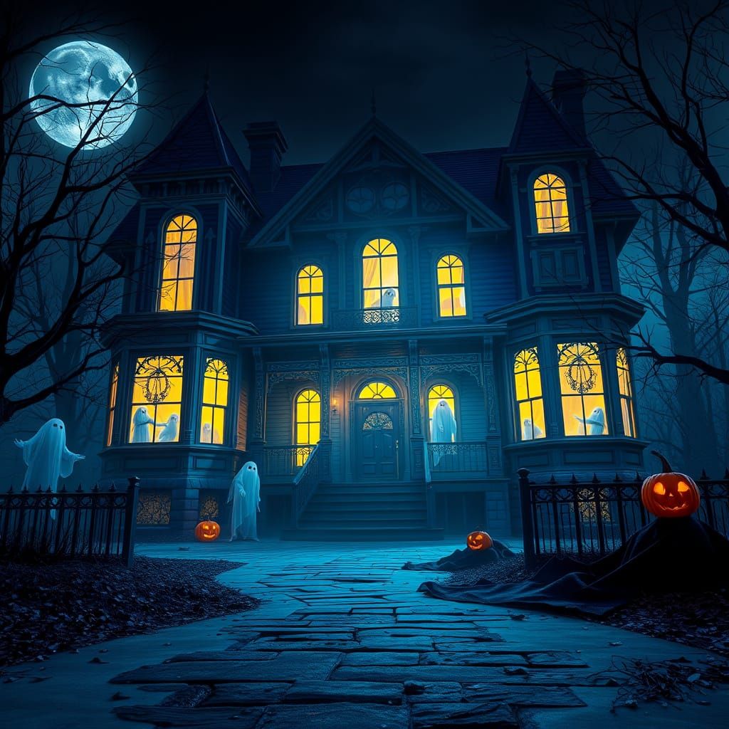 Ethereal Victorian Mansion Bathed in Moonlit Haunting