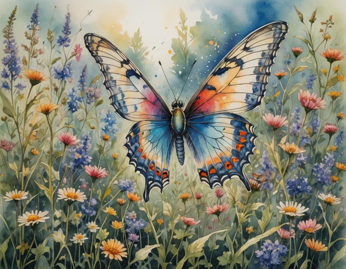 Butterfly Soaring in Watercolor, Albrecht Dürer Style
