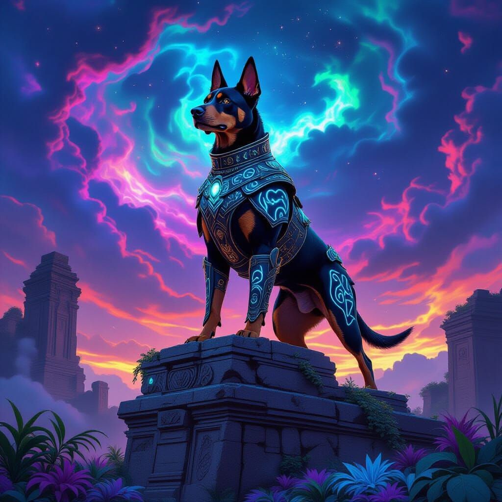 Armored Doberman Guarding Ancient Ruins