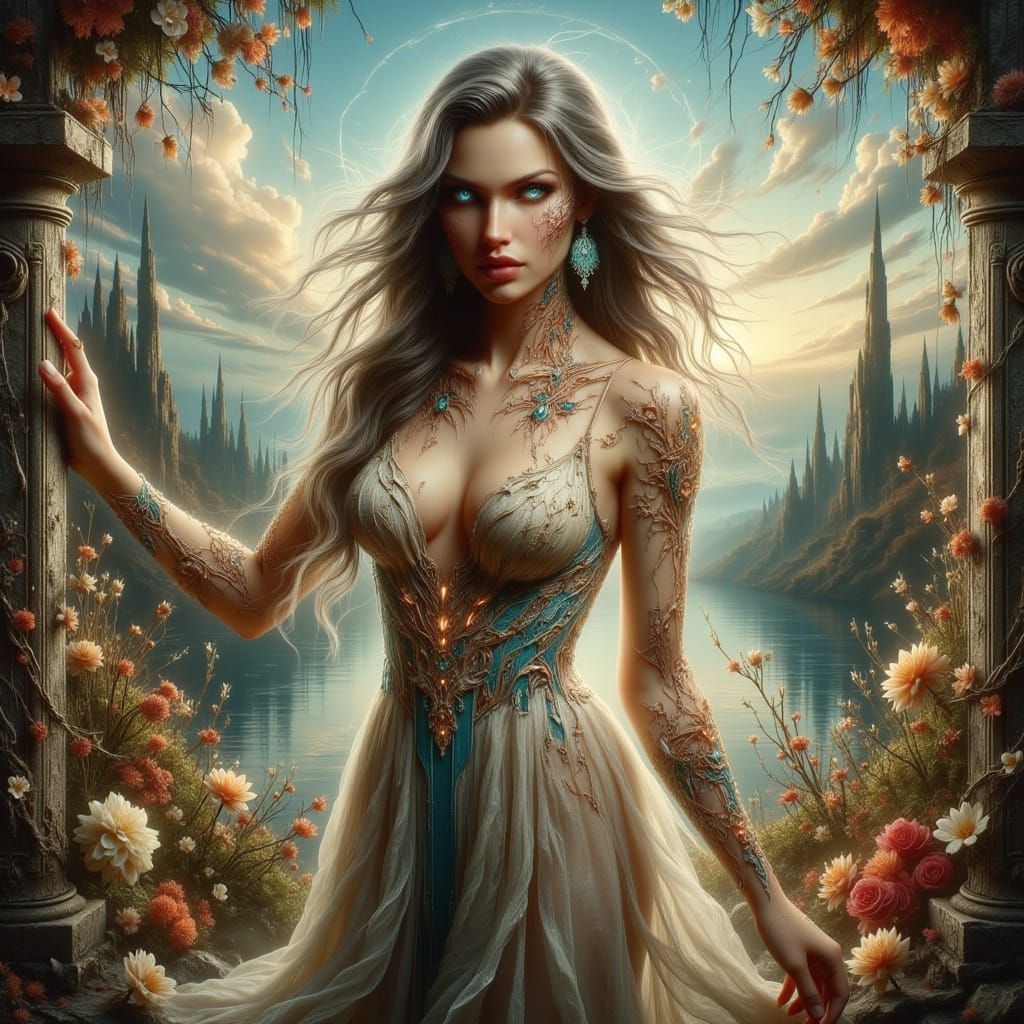 Elegant Woman in Art Nouveau Landscape