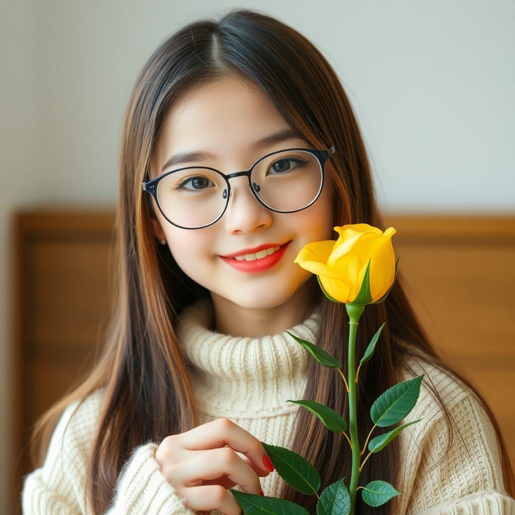 Smiling Japanese Girl with Yellow Rose Portrait