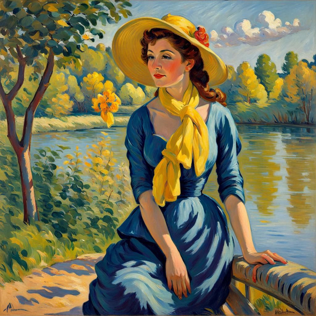 Woman at Riverbank in Impressionist Style