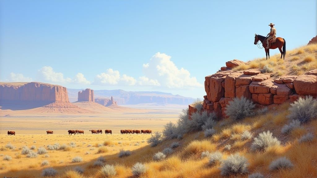 Western Landscape with Cowboy and Cattle