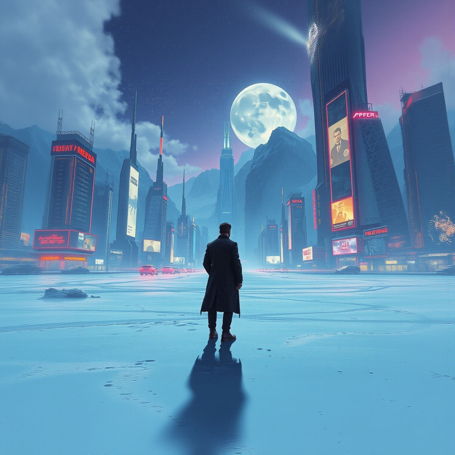 Futuristic City in Snowy Mountain Clearing