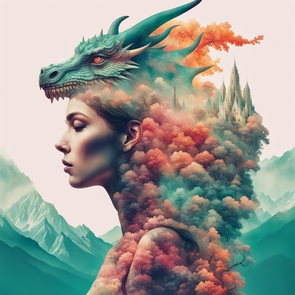 Dragon Silhouette in Surreal Double Exposure Art