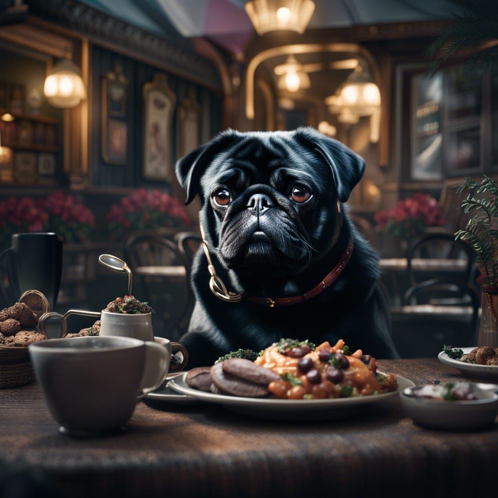 Black Pug Dining at French Café: Digital Painting