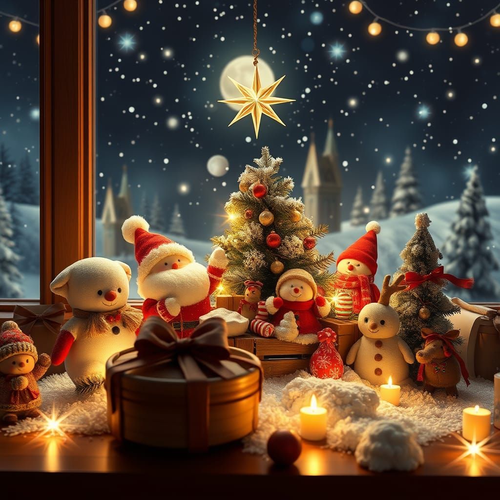 Christmas Ornaments and Snowflakes in Blue and Purple Night