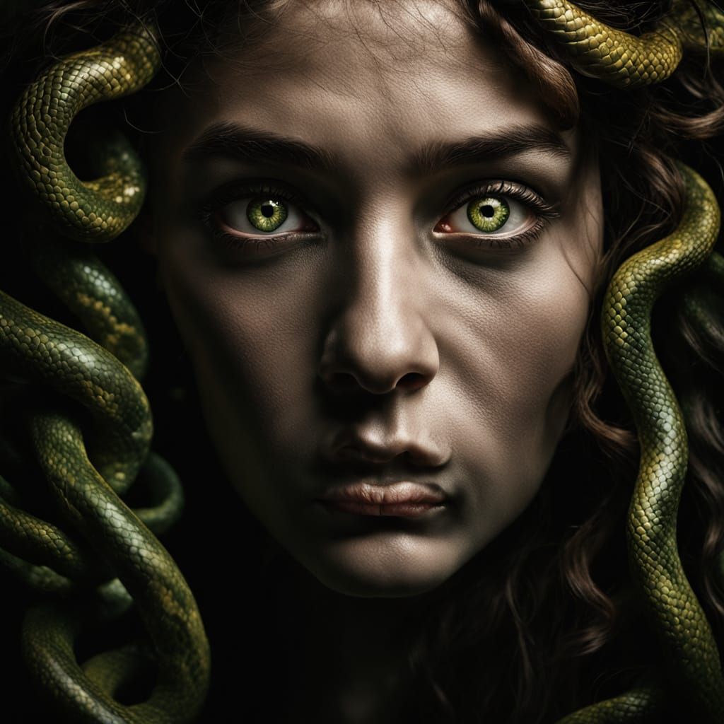 Medusa's Enigmatic Gaze in Chiaroscuro Style