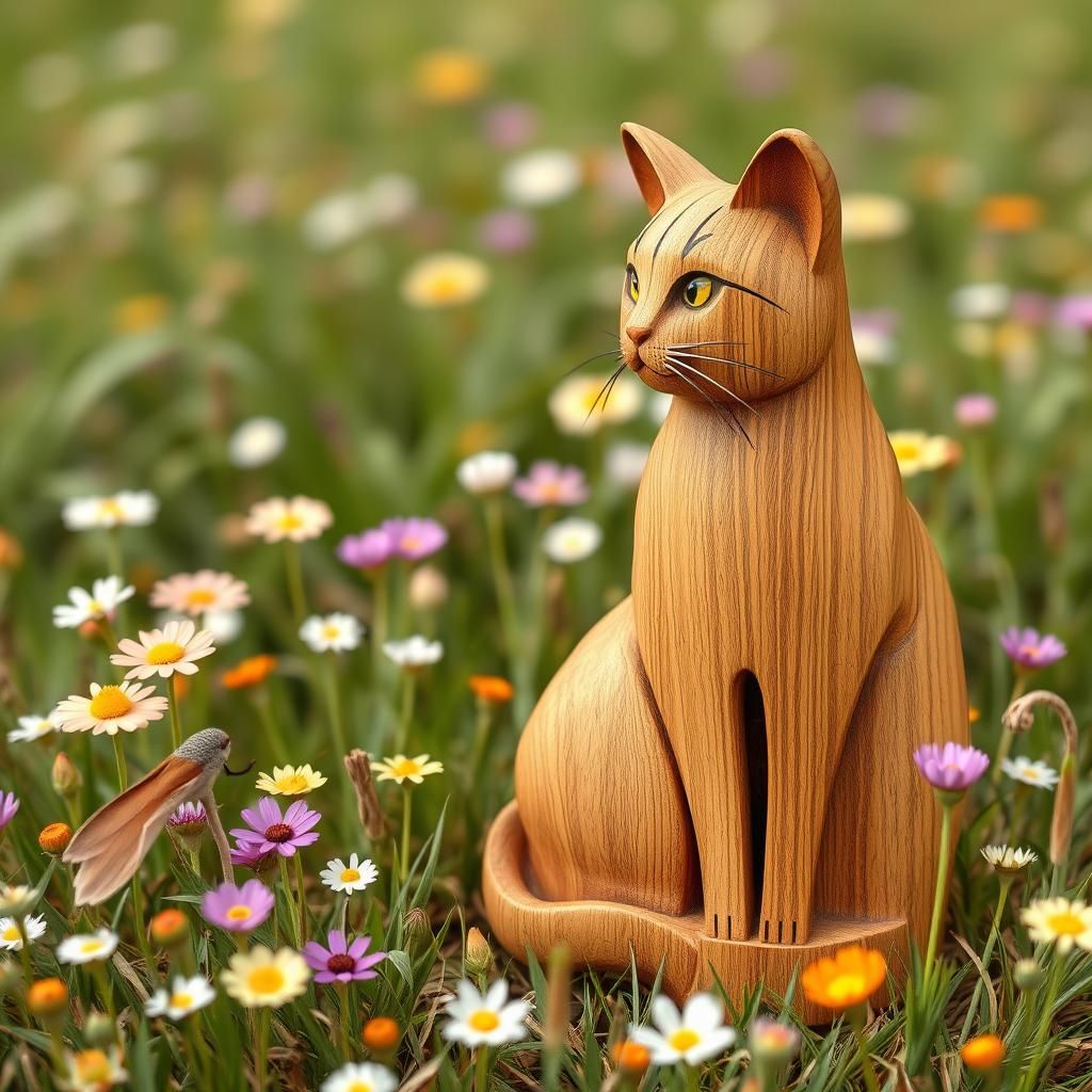 Cedar Wood Carving: Cat in Flower Meadow