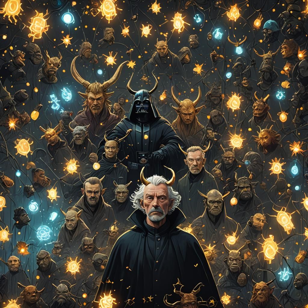 Hybrid Figures with Horns and Halos: Detailed Matte Painting