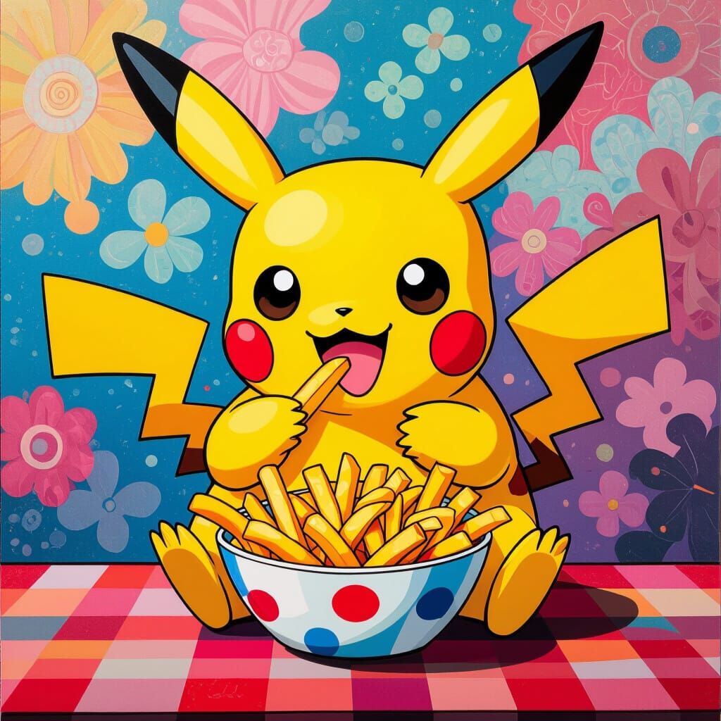 Pikachu Eating Fries in Pop Surrealist Style