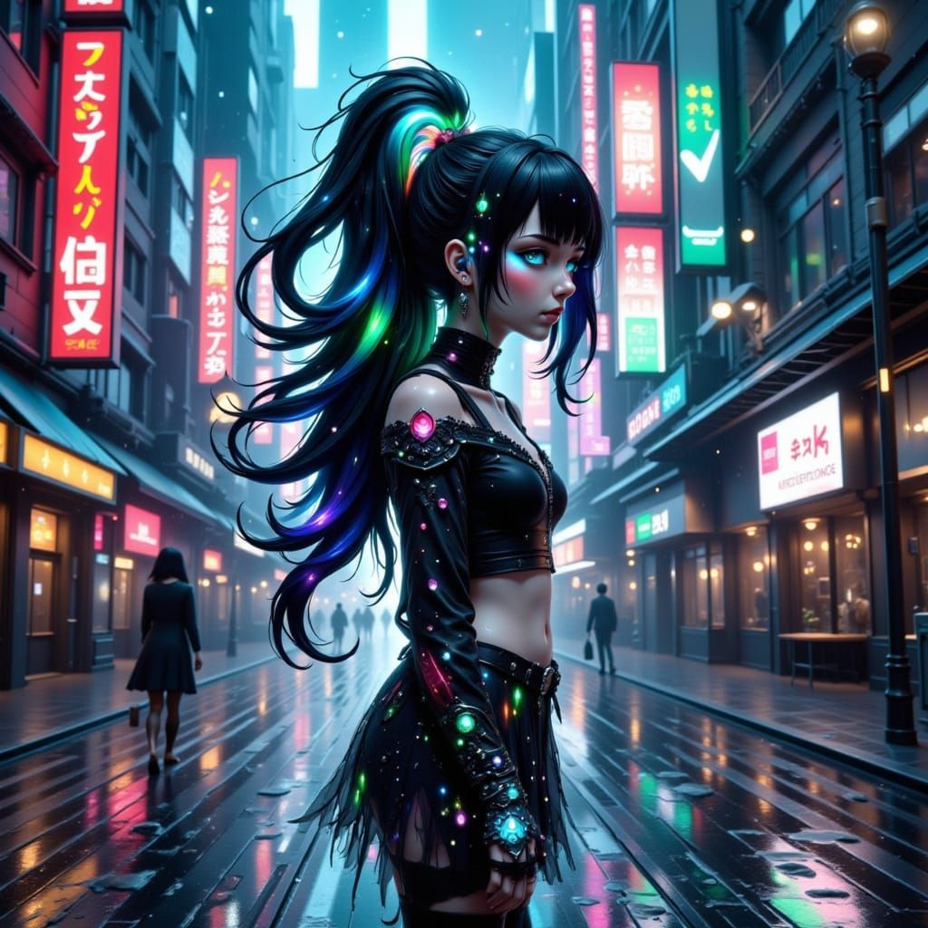 Anime Woman in Futuristic City with Big Hair and Glitching D...
