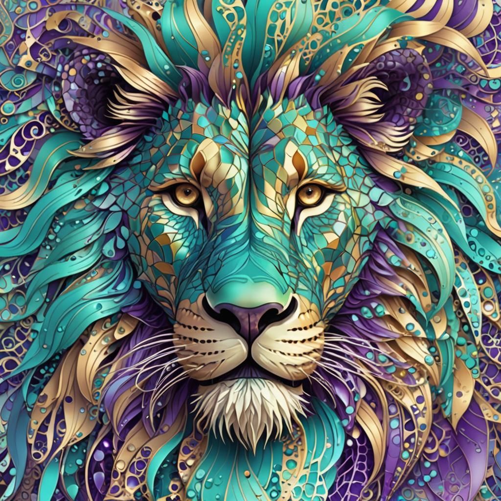 Abstract Water Lion Fractal Portrait in Iridescent Colors