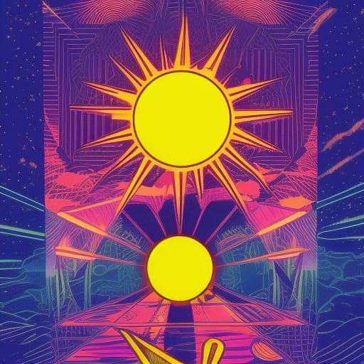The Sun Tarot Card in Synthwave Neon Style