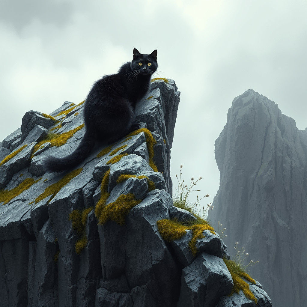 Black Cat on Cliff Edge in Bleak Seascape Style