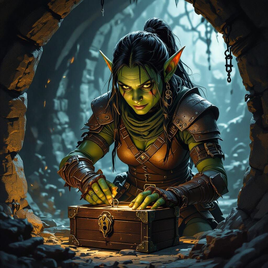 Goblin Rogue Picks Lock in Hyperrealistic Dungeon Scene
