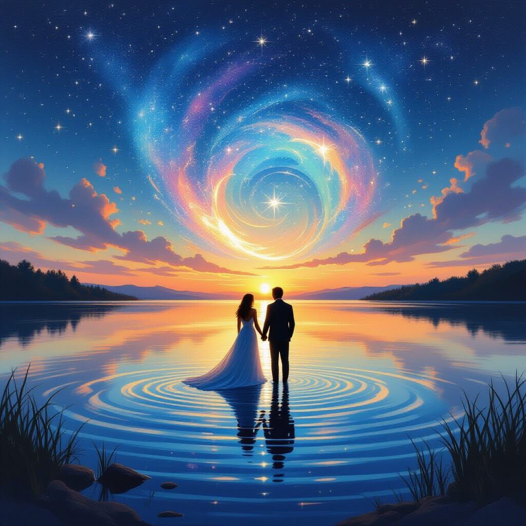 Ethereal Couple Gazing into Cosmic Portal Sunset