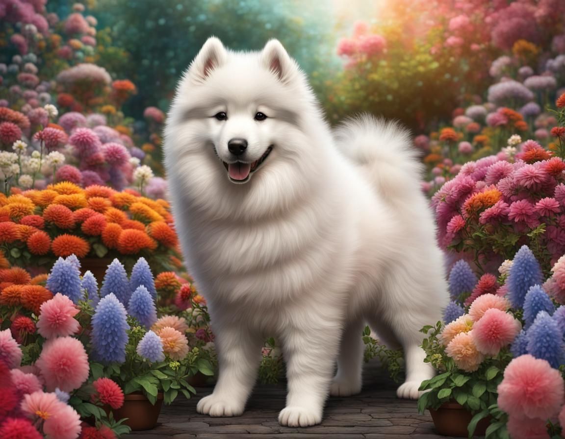 Photorealistic Samoyed Puppy in Detailed Flower Garden