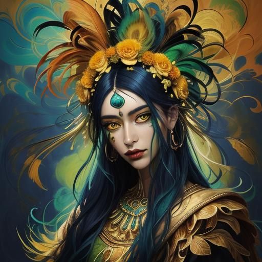 Golden Woman with Peacock Feathers, in Abstract Expressionis...