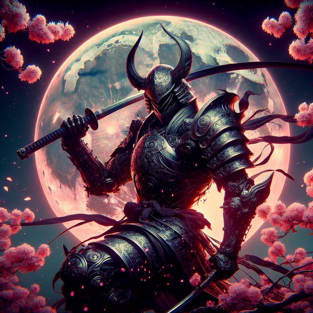 Armored Warrior in Cherry Blossom Moonlight, Digital Art