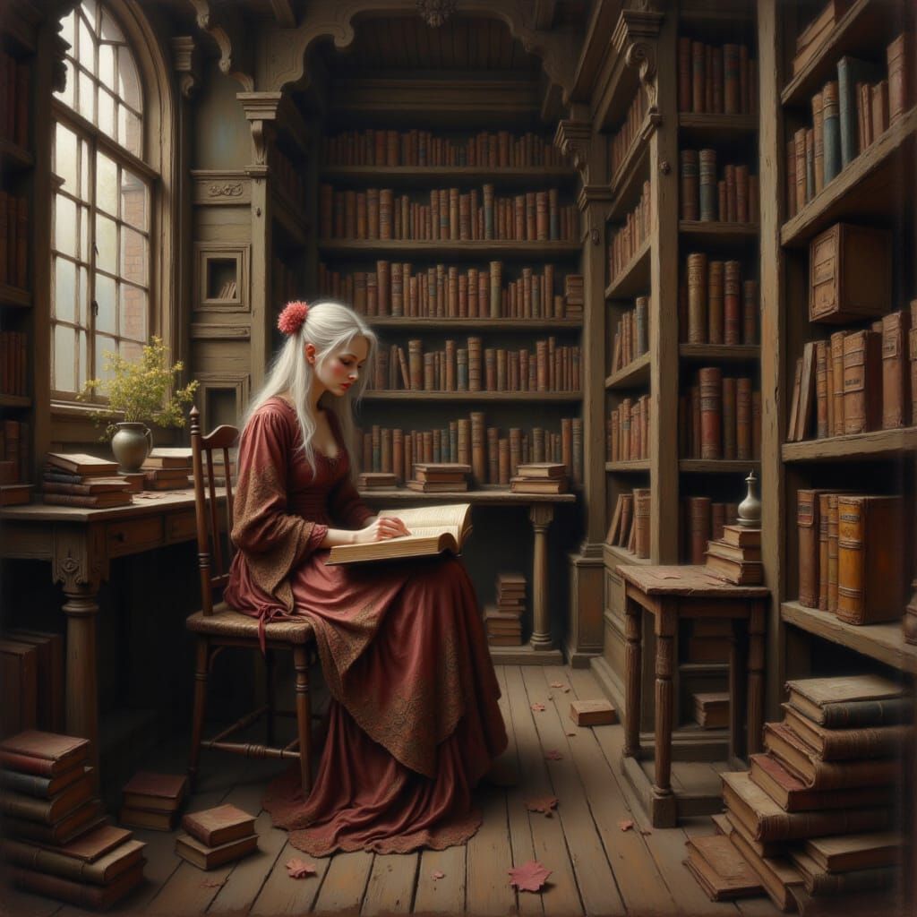 Grand Library Scene in Classical Painterly Style