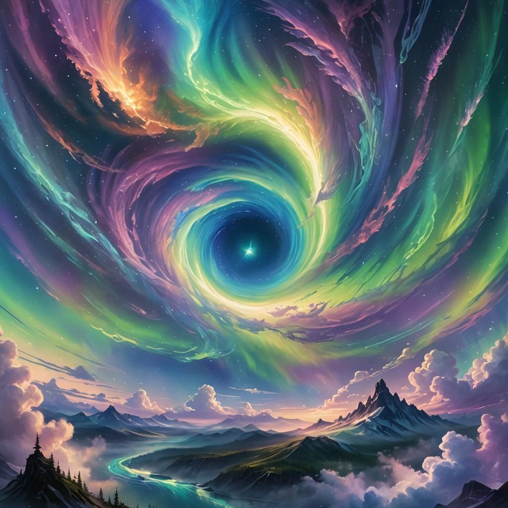 Iridescent Air Vortex Under Aurora Borealis
