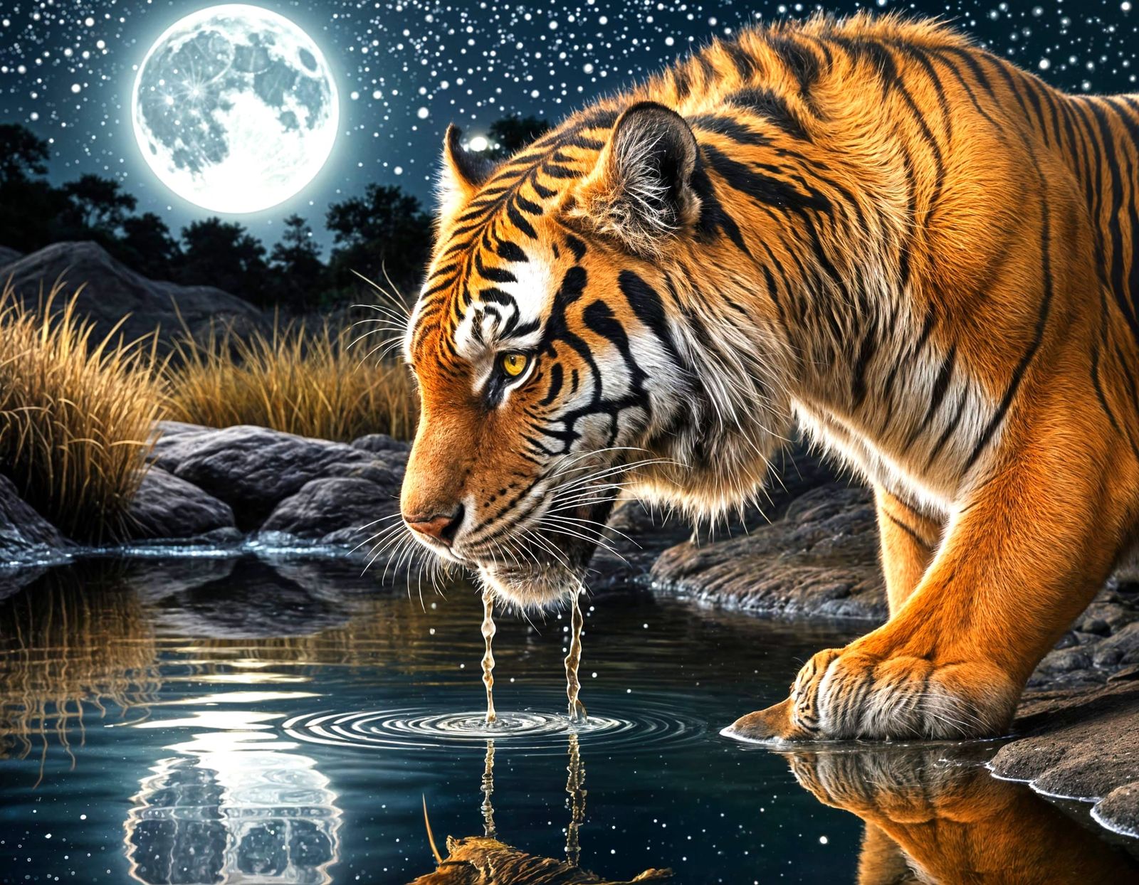 Tiger Drinking at Watering Hole