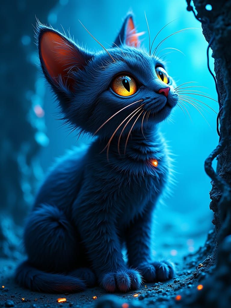 Kawaii Cat with gold eyes in a blue room