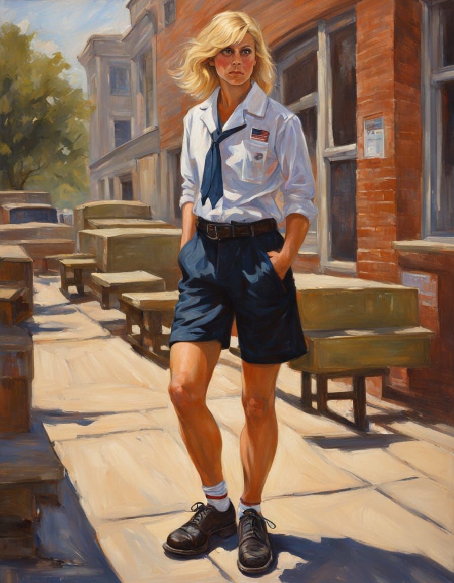 Strong Blonde Doctor Dances in Oil Painting