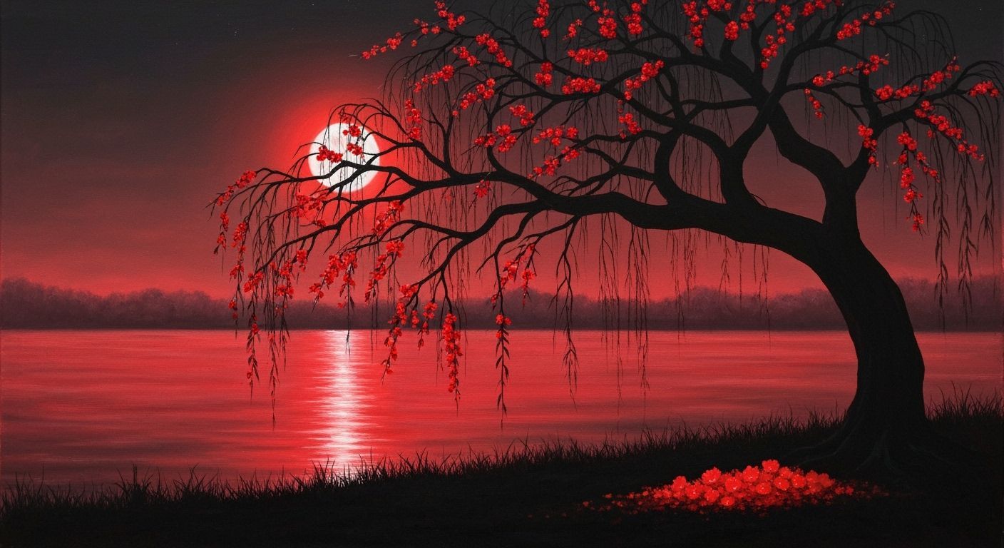 Red Moonlit Willow Tree Painting with Blossoms