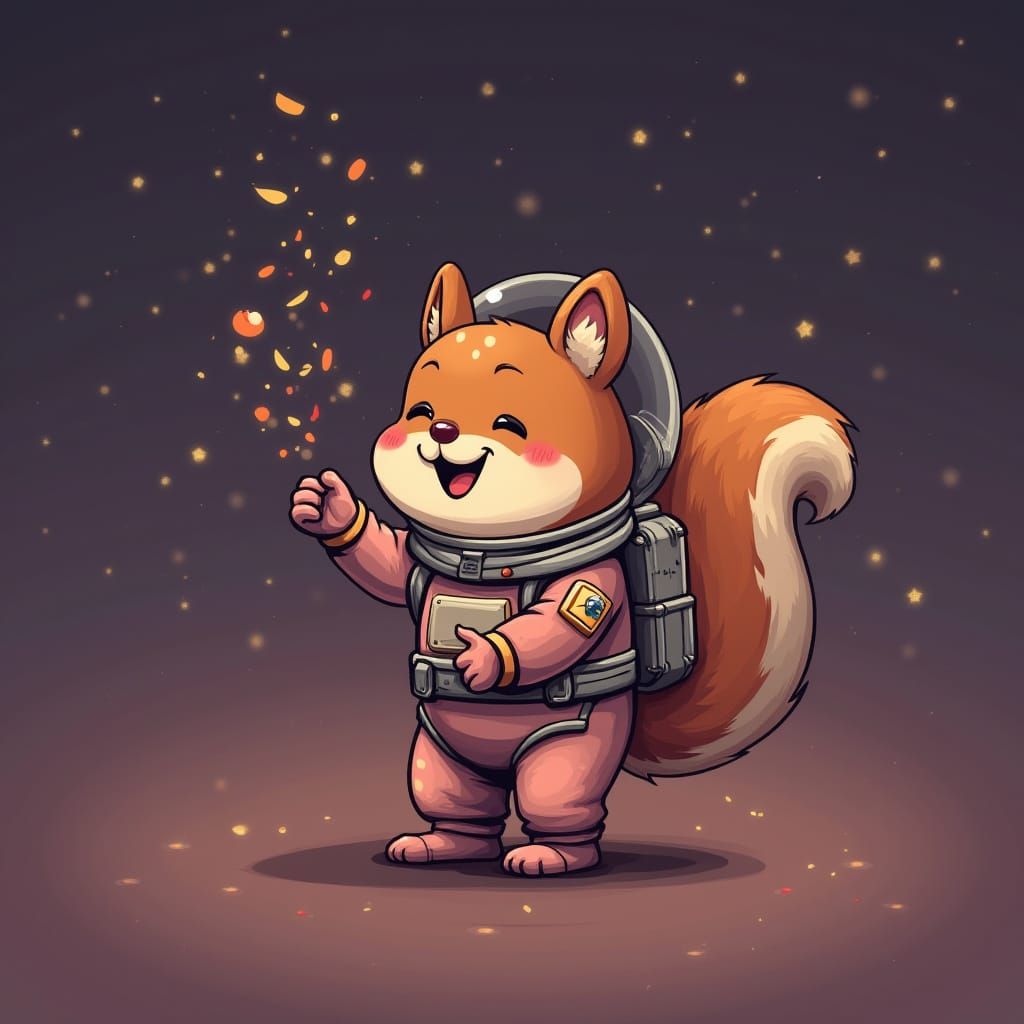 Squirrel Astronaut Celebrates in Retrofuturistic Galaxy