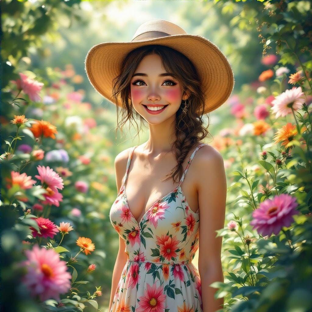 Lively Young Woman in a Vibrant Garden Oasis