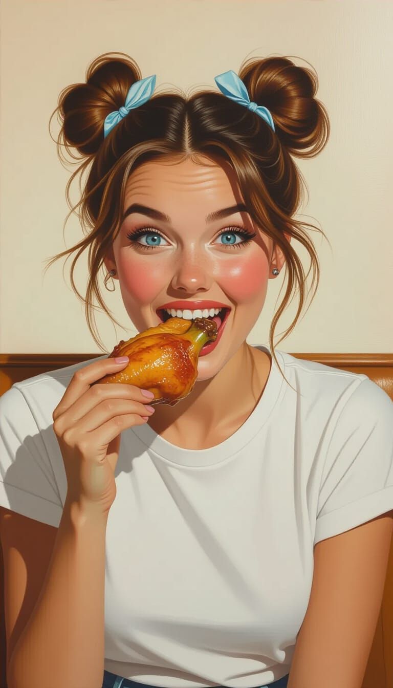 Woman Devouring Chicken Leg in Photorealistic Style