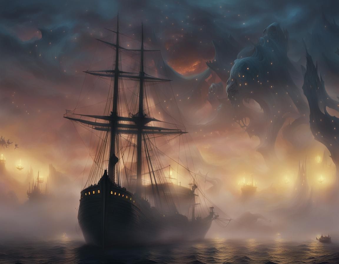 Ghost Ship Sailing Through Fog with Skeletal Crew