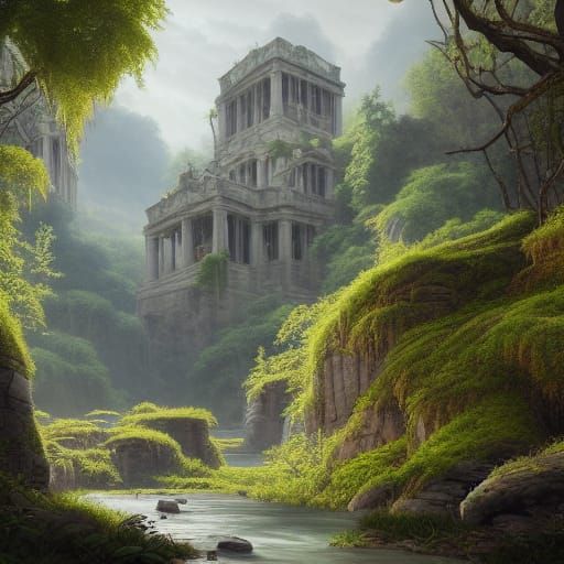 Overgrown Limestone Temples by River, Digital Painting