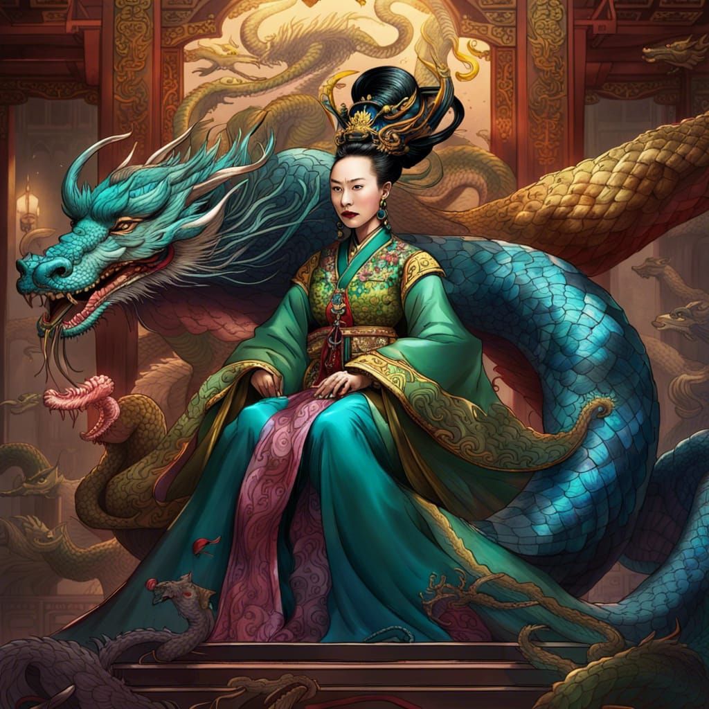 Empress Cixi with Dragon in Fantasy Comic Style