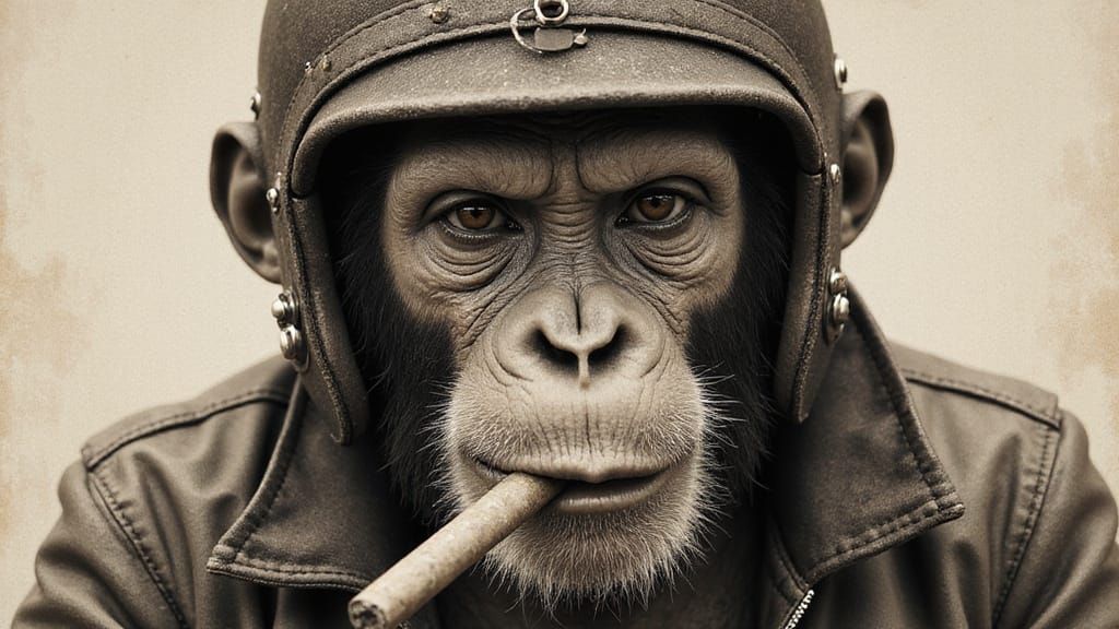 Close Up Photo of Grunge Monkey in Motorcycle Helmet Smoking...