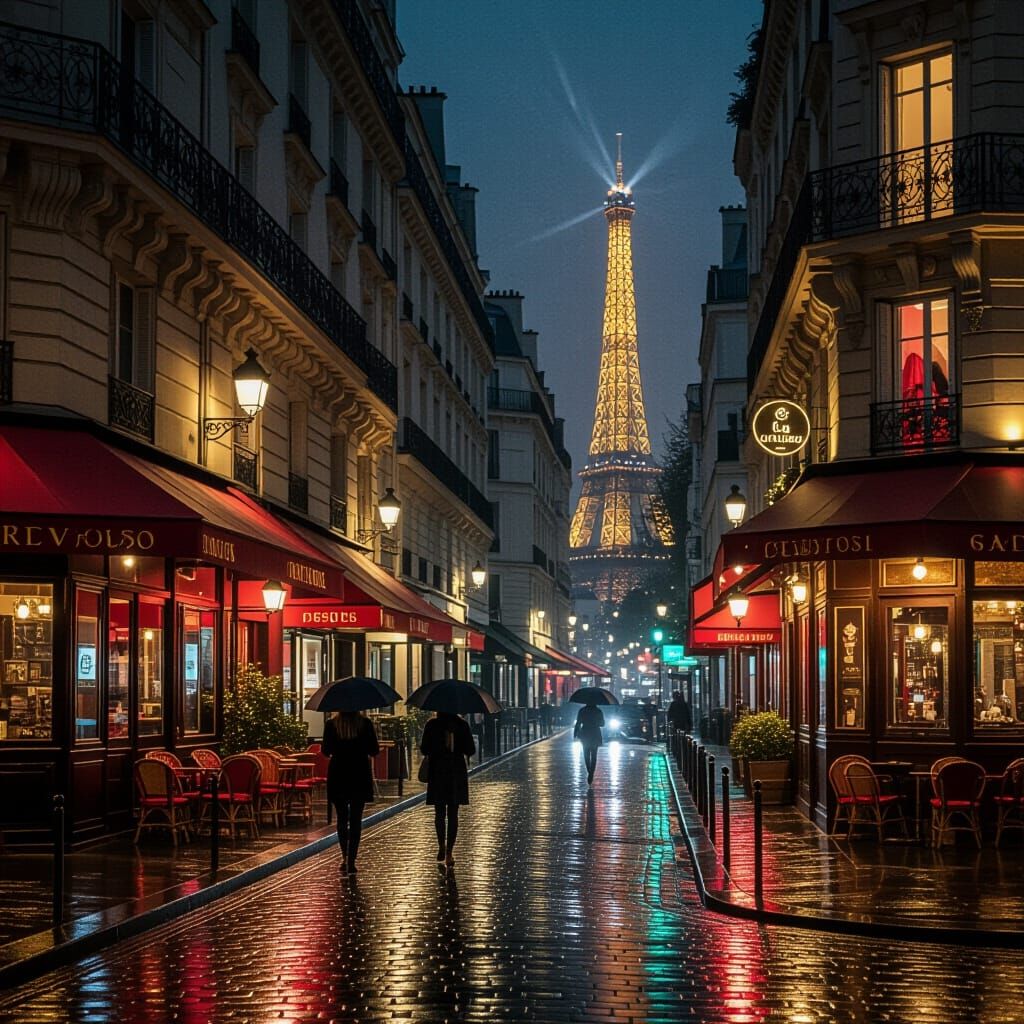 Rainy Night in Paris: A Nostalgic Street Scene